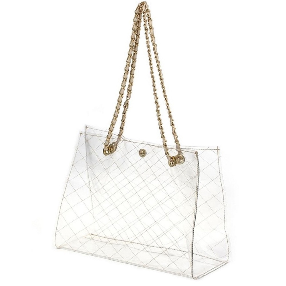 ⛓ Large Clear Tote with Chain Nude Faux Leather Shoulder Strap